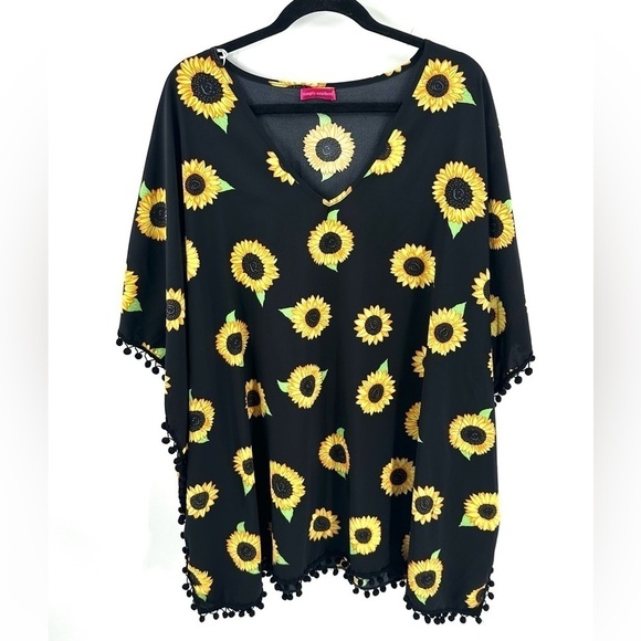 Simply Southern Sunflower Floral Swim Coverup Beach Poncho Pom Pom Trim One Size - Picture 2 of 8